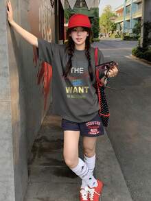 女式休闲宽松百搭舒适图案印花圆领 T 恤上衣 - 深灰色 - 查看 3