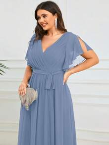 Đầm dài màu xanh xám thanh lịch, cổ chữ V, tay bồng xếp ly, thích hợp cho phù dâu dự tiệc cưới, tiệc mùa xuân/hè. - Màu xanh bụi bặm - Xem 5