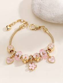 心形花朵吊坠手链 经典心形水钻手链 心形T字手链 时尚金色心形手链 女孩情人节礼物 - 彩色 - 查看 10