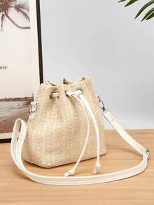 1 chiếc túi đeo chéo bằng rơm kiểu dáng mới mùa xuân/hè, túi đeo vai mini thời trang có dây rút, thích hợp cho đi biển, đi làm, mua sắm. - Màu be - Xem 5