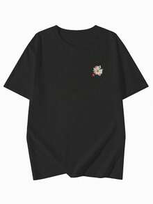 Áo thun nữ dáng rộng cổ tròn tay ngắn in chữ và hoa, màu đen, thích hợp mặc mùa xuân/hè. - màu đen - Xem 5