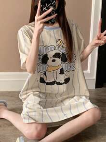 波点圆领女士睡裙，卡通字母印花条纹睡衣 - 杏色 - 查看 5