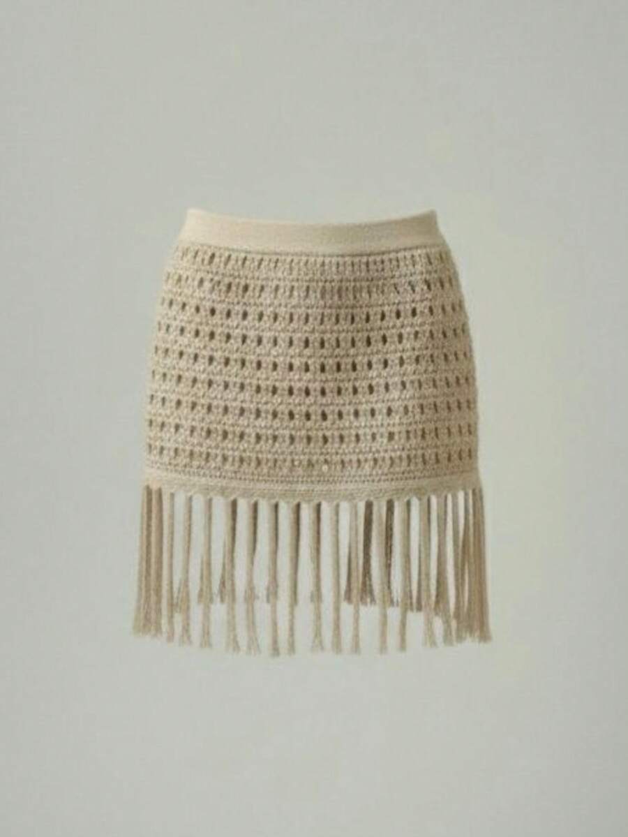 Beach Cover-Up Knitted Crochet Skirt With Fringe - Summer Fashion - 沙 - 查看 1