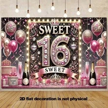 1件粉色生日背景布，印有啤酒礼盒和“Sweet 16”字样，采用高清印花工艺，印制在涤纶面料上，适用于生日派对、庭院和摄影棚拍摄。 - 彩色 - 查看 6