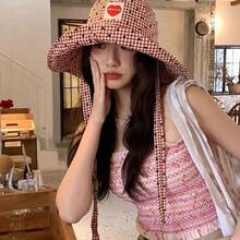 Heart Patch Plaid Bucket Hat For Women, 2016 Spring Style, Brim Sun Protection, Versatile - Heart-shaped Fisherman's Hat - View 3
