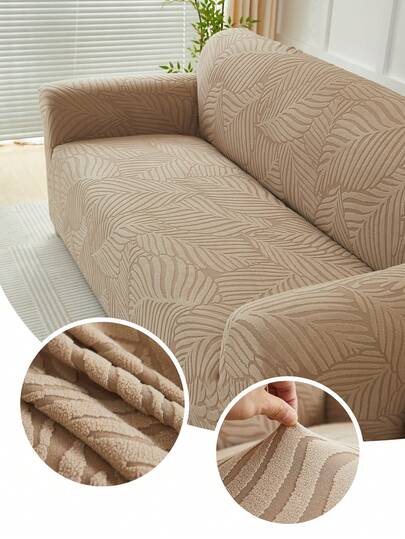 1pc Plush Leaf Pattern Stretch Sofa Cover (Pillow Covers Not Included), Nordic Modern Style, Polyester Fiber, Dust-Proof, Anti-Slip, Thick Sofa Slipcover, Suitable For 1/2/3/4 Seater Sofa, Especially Suitable For Autumn/Winter Sofa Decor