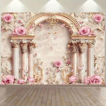 1件优雅花卉拱门背景横幅 - 粉色玫瑰和绿色设计，适用于相机、生日、周年纪念、室内/室外派对用品、相机背景 | 花卉拱门设计，多尺寸，多功能派对背景布，适合男女通用装饰、室内外装饰、摄影工作室、花园装饰、派对装饰和照相亭。