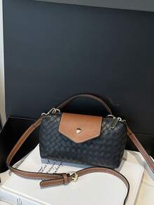 Women's Mini Handbag, Patchwork Color Block, Woven Texture, Crease Detail, Minimalist Shoulder Bag, Magnetic Snap Closure, Casual & Fashionable - Black - View 6