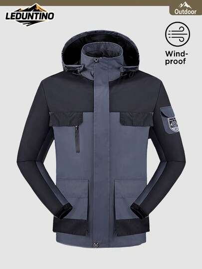 LEDUNTINO Men's Spring Autumn Thin Outdoor Fashion Jacket Coat, Color-Block Panels, Hooded With Zipper, Multi-Pocket, Casual Regular Fit, Ideal For Outdoor Climbing, Mountaineering, Hiking And Other Activities Wear, Men's Clothing Jacket Coat