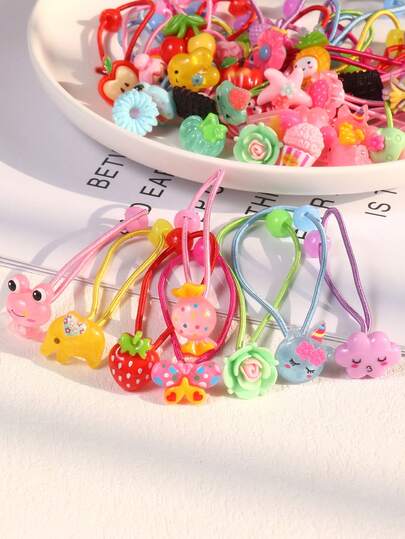20pcs Back To School Cute Cartoon Animal & Flower Resin Hair Scrunchies, Random Colors & Patterns