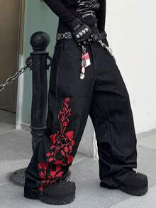 1 pieza Jeans de pierna ancha con bordado de estilo callejero de moda para hombres, suelto y cómodo, versátil para todas las estaciones (No se incluye cinturón ni accesorios) - Negro - Ver 4