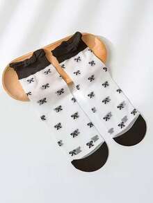 4 Pairs Girls' Mid-Calf Socks With Heart, Bow, Polka Dot, Flower Patterns, Straight Tube Design With Black & White Ruffle Trim, Spring/Summer - Multicolor - View 9