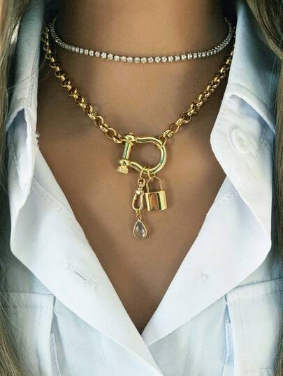 1pc Women's Gold Necklace With Horseshoe Clasp Design, Featuring Lobster Clasp, Lock Pendant And Teardrop Pendant (Teardrop Pendant Available In Color Of Choice). Minimalist And Elegant, Also Makes A Great Gift.