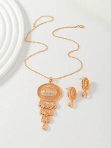 2件套玫瑰金镀层闪亮网状流苏立方氧化锆圆盘项链耳环套装，日常叠戴/斋月礼物之选 - 玫瑰金 - 查看 3