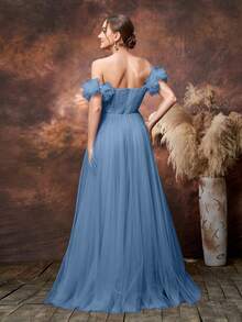 Faeriesty Elegant Maternity Off-Shoulder Maxi Party Gown | Sheer Mesh Fabric, 3D Floral Appliques - Dusty Blue - View 2