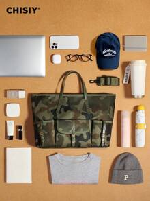 Original New Product Camouflage Green Tote Bag With Color Contrast Splicing Large Capacity Tote Bag Sports Bag Multi Pocket Tote Bag Travel Bag Shoulder Bag, Valentine's Day Halloween Christmas Gift Suitable For Work, Vacation, Travel, Shopping, Daily Party Activities Music Festival Autumn/Winter Edition - 迷彩綠 - 查看 8