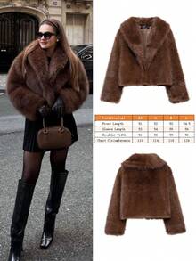Women's Solid Color Faux Fur Jacket, Long Sleeve Warm Winter Coat, Fashion Lapel Loose Casual Jacket - Brown - View 12