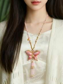 1pc Asymmetrical Pattern Beaded Butterfly Pendant Necklace, Suitable For Daily Wear, Gifts, Parties, Festivals, Weddings - Multicolor - View 1