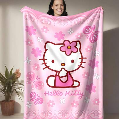 SANRIO Chăn nỉ mềm mại với họa tiết hoa Hello Kitty dễ thương, nền màu hồng, hình Hello Kitty ở trung tâm đội vòng hoa, bao quanh là bướm và hoa, mang lại sự ấm áp và mềm mại, thích hợp cho ghế sofa, giấc ngủ trưa, trang trí giường ngủ.