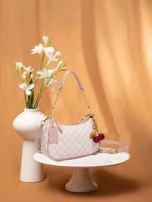 Nuova borsa a mezzaluna in colore unito, in materiale PU impermeabile e resistente, con decorazione a stella rosa, stile classico e versatile. Borsa a tracolla con catena, portafoglio da donna con ciondolo a forma di ciliegia, elegante e adatta per l'ufficio e gli spostamenti. Leggera, con ampio spazio di archiviazione, adatta per lo shopping, gli eventi e altre occasioni. Può essere indossata a tracolla. - Rosa - Visualizzare 2