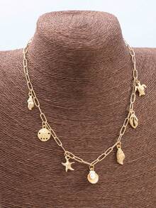 1件时尚ZA吊坠项链，复古波西米亚海滩风，饰有海星、贝壳、海龟和多吊坠设计，多层颈链，派对/节日礼物，百搭配饰 - 彩色 - 查看 3