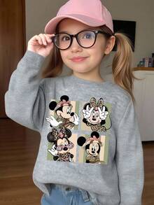 1pc Disney Minnie Mouse Playful Leopard-Print Collage Sweatshirt, Cozy & Easy-Care Cute Top For Tween Girls, Perfect For Hangouts & Casual Days - 灰色 - 查看 2