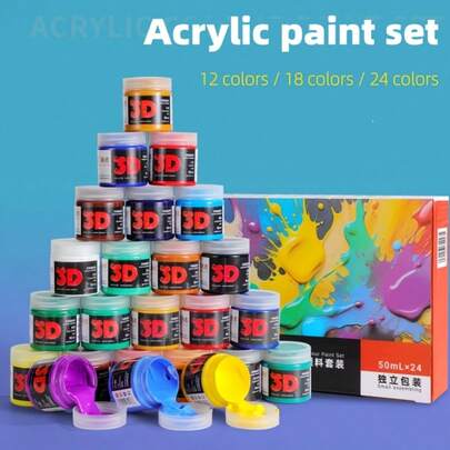 12/18/24colors Acrylic Painting Set, 50ml Each, Rich Pigments, Acrylic Base, Suitable For Canvas, Wood, Porcelain, DIY, Artists And Enthusiasts