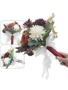 1件新娘伴娘捧花，人造金色玫瑰花束，婚礼派对装饰礼品 - 酒紅橙色 - 查看 3