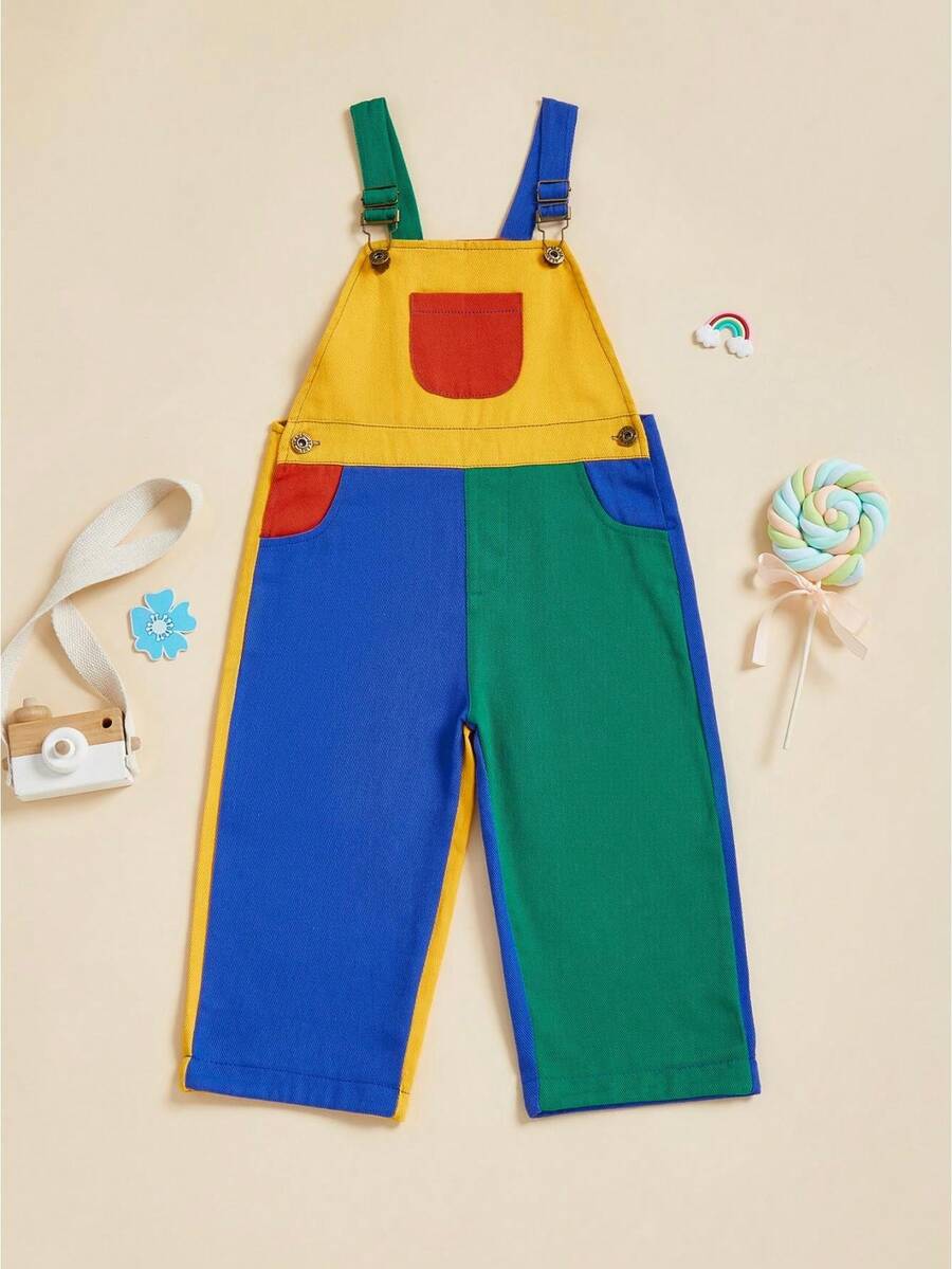 Toddler Baby Girl Boy Summer Overalls Romper Sleeveless Color Block Striped Jumpsuit Shorts Adjustble Shoulder Strap Suspender Shortalls - Vàng, xanh dương, xanh lá cây - Xem 1