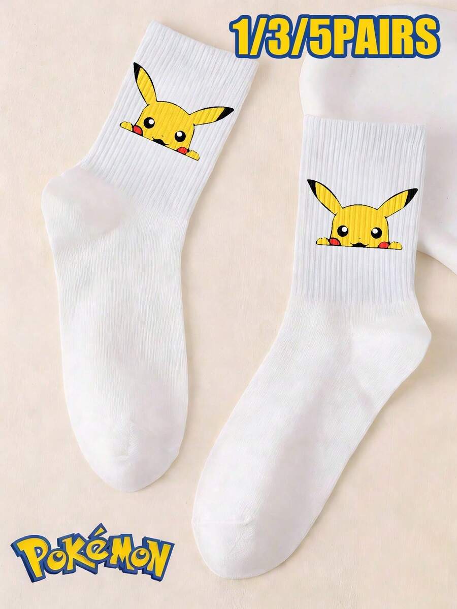pokemon 宝可梦 1/3/5 双装可爱卡通印花透气柔软中筒袜，加固鞋跟和鞋头，经久耐穿，男女通用，四季皆宜 - 彩色 - 查看 1