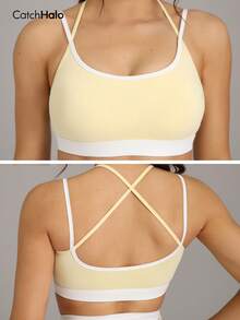Women's Padded Sports Bra With Removable Cups, Cross Back Yoga Bra For High Support Workout & Fitness - Light Yellow - View 7