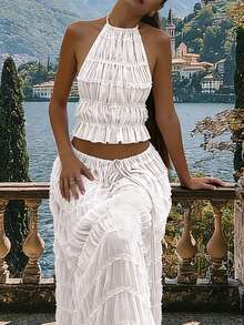 2pcs Chiffon Layered Ruffle Lace Trim Backless Camisole Maxi Dress Set, Romantic Elegant Two Pieces, Suitable For Christmas, Party, Gothic, Wedding And Other Occasions - White - View 9