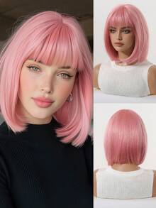 12-calowa krótka, falowana peruka syntetyczna dla kobiet, krótkie, proste włosy, odpowiednia na co dzień, święta, podróże, Halloween, Boże Narodzenie, Nowy Rok, karnawał, festiwal muzyczny, cosplay, idealna na prezenty dla dziewczyn, letnie prezenty na ukończenie szkoły, gotowe prezenty, prezenty na Halloween i Boże Narodzenie - Różowy - Zobacz 11