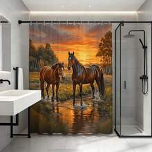 1 bộ rèm tắm tranh sơn dầu hoàng hôn và ngựa bên suối kèm móc treo, rèm phòng tắm phong cách thiên nhiên mộc mạc, rèm phòng tắm hình ảnh ngựa oai vệ dưới bầu trời vàng cho trang trí phòng tắm kiểu miền Tây, đồ dùng phòng tắm phong cảnh sống động, đồ dùng phòng tắm thư giãn cho người yêu động vật, rèm phòng tắm nổi bật cho phòng tắm phong cách trang trại, rèm tắm phòng tắm cho việc cải tạo nhà kiểu trang trại. - màu nâu - Xem 12
