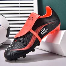 MINGBIN 1 par de zapatos de fútbol unisex, zapatos de entrenamiento y partido de césped natural al aire libre de caña baja, tacos de fútbol americano para adolescentes, zapatos deportivos profesionales con cordones delanteros de PU, tacos largos AG/FG - Negro y rojo - Ver 1