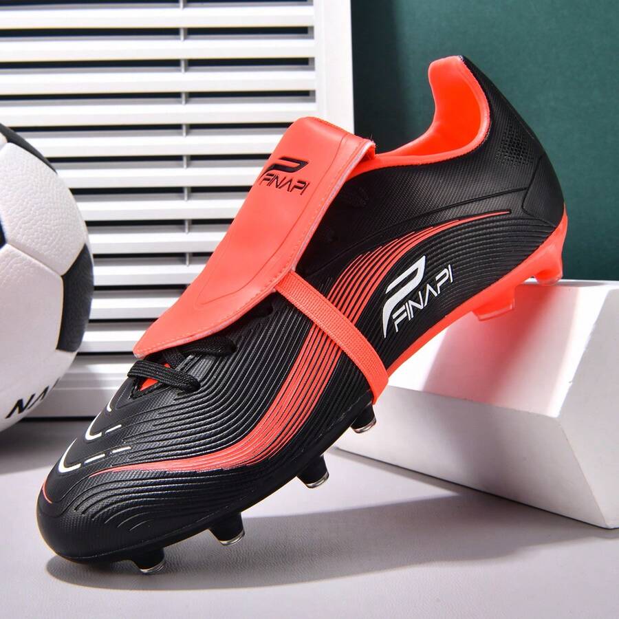 MINGBIN 1 par de zapatos de fútbol unisex, zapatos de entrenamiento y partido de césped natural al aire libre de caña baja, tacos de fútbol americano para adolescentes, zapatos deportivos profesionales con cordones delanteros de PU, tacos largos AG/FG - Negro y rojo - Ver 1