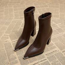 2026 Spring/Autumn New Vintage Classic Black & Brown Metal Pointed Toe Side Zipper High Heel Ankle Boots For Women - Black - View 1