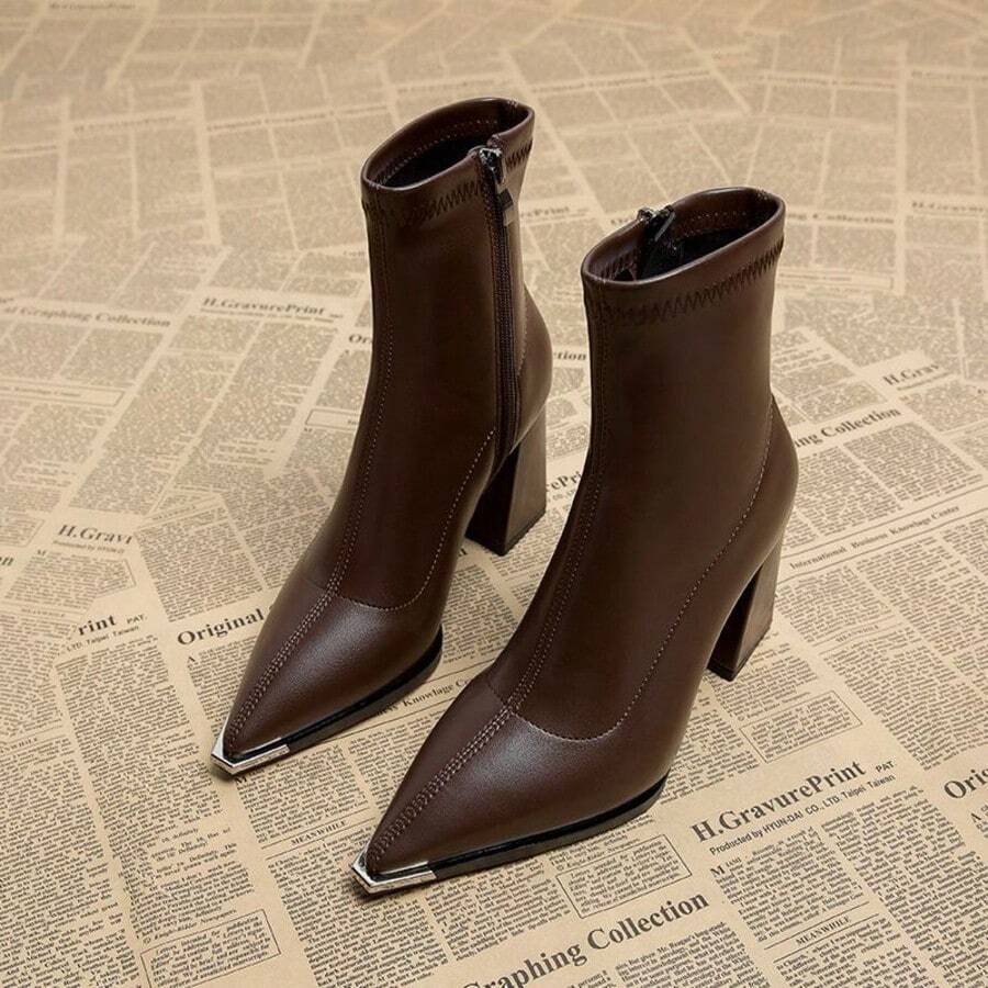2026 Spring/Autumn New Vintage Classic Black & Brown Metal Pointed Toe Side Zipper High Heel Ankle Boots For Women - Black - View 1