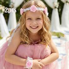 2pcs/Set Pink Rose Flower Crown + Flower Bracelet Set, For Girls, Ice & Snow Themed Wedding, Bridal, Party, Photo Booth Props, Wedding Decor, Flower Crown, Wrist Flower, Valentine's Day Gift, Parent-Child - Pink - View 3