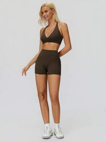 MASKERT Women's High Waist Sports Shorts, Slim Fit, Skin-Friendly Comfortable, Suitable For Yoga, Fitness, Exercise And Running - Brown - View 6