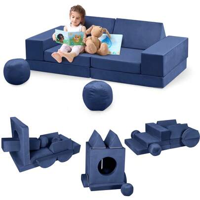 12-tlg. Modulare Kinder Spielcouch – Klappbare Sitzlandschaft mit Tunnel & 2 Bällen, Weiches Schaumstoff-Modulsystem für Spielzimmer, Indoor-Spiel und Entspannung