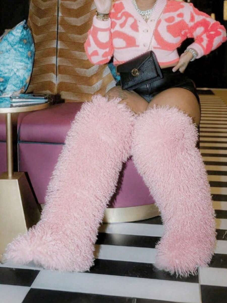 Women's Winter Knee High Boots Pull-On Faux Fur Round Toe Strap Boots For Women Comfy Plush Warm Outdoor Indoor Flat Shoes Punk Party Dressy Furry Fluffy Winter Autumn Fall Boots - Hồng dài - Xem 1