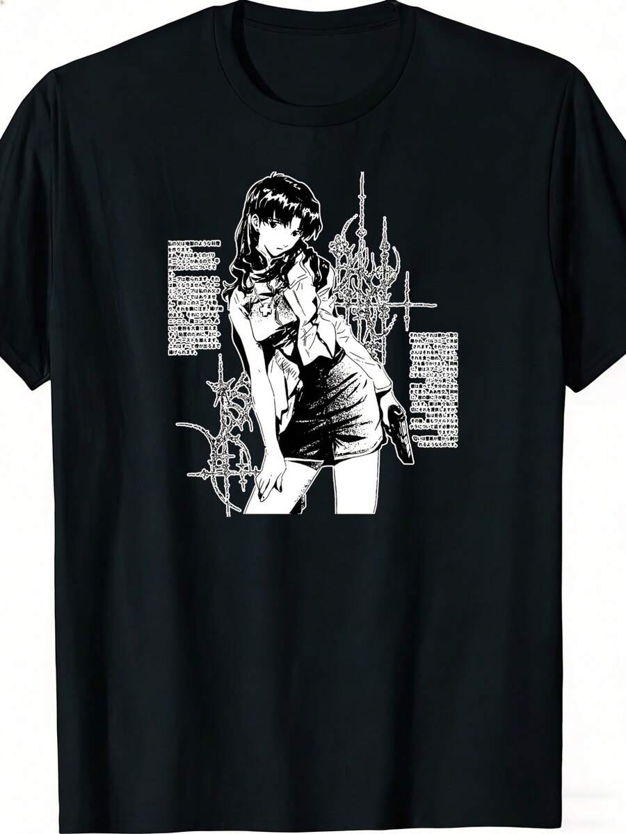 Ne-Eons Gens Misato Cyber Sigil Y2K Anime Streetwear  Round Neck, Standard Cut, Slightly Stretching Fabric, Everyday Style Print, Casual Crew Neck, Perf - 風格 - 查看 1