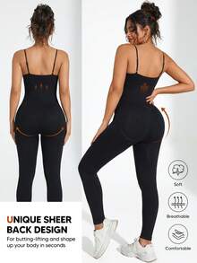 女士瑜伽连体裤，无袖紧身连体裤，贴身打底休闲黑色夏季优雅款 - 黑色 - 查看 2