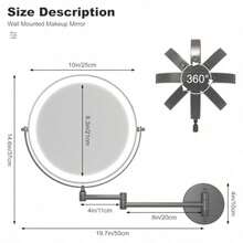 Espejo de Tocador Montado en la Pared de 10 Pulgadas con Aumento, Recargable 3000 mAh, 3 Modos de Luz y Brillo Regulable, Brazo Ajustable, Ideal para Baño o Dormitorio - Negro668 - Ver 7