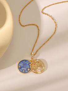 女士奢华太阳/生命之树/捕梦网/邪眼吊坠项链，高光泽镀金锆石链，通勤和约会皆宜 - 金色 - 查看 6