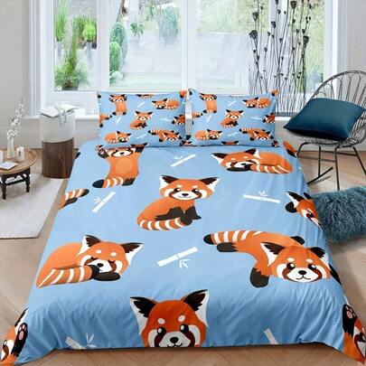2/3pcs Cartoon Red Blue Panda Bedding Set Cute Animal Pattern Duvet Cover Set, Panda Printed Comforter Cover For Men Women Wildlife Style Room Decor Bedding With 1/2 Pillowcase Zipper, All Seasons, Soft Breathable, Christmas Gifts Decoration