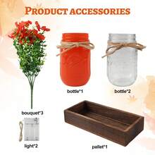 Rustic Wedding & Home Centerpiece: 3-Piece Mason Jar Vase Set On Decorative Wooden Tray – Farmhouse Kitchen, Dining Room, Living Room Decor - 橙色(雛菊) - 查看 3