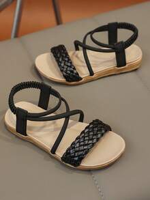 1双复古露趾儿童凉鞋，夏季新款时尚透气沙滩鞋，软底防滑 - 黑色 - 查看 2