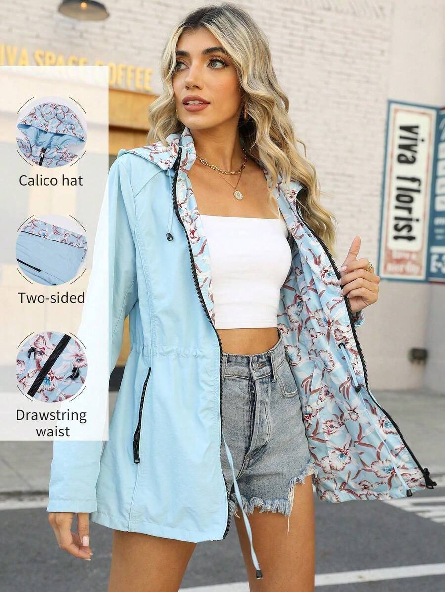 Giolshon Women's Reversible Hooded Jacket With Double-Sided Butter Yellow Printed Design, Casual Fashion Layering For Autumn/Winter Spring - Baby Blue - View 1